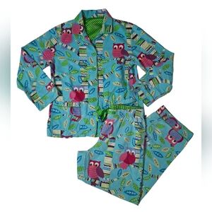 Nick & Nora Blue Green Pink Owl Motif Cotton Flannel Pajama Set Size Medium